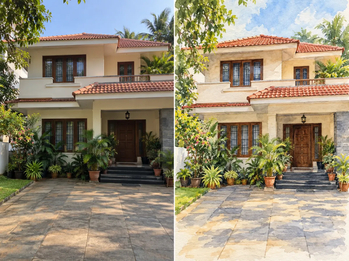 Family home in watercolour: reference on the left and illustrative result on the right