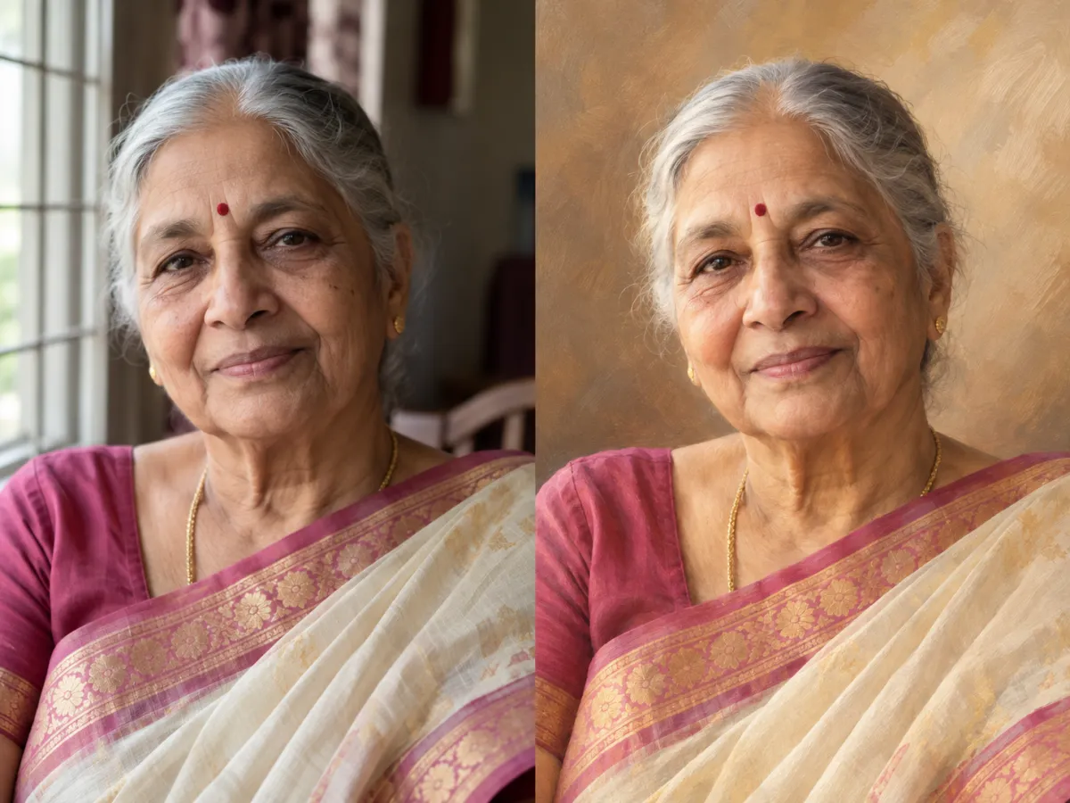 Tribute portrait: reference on the left and illustrative result on the right