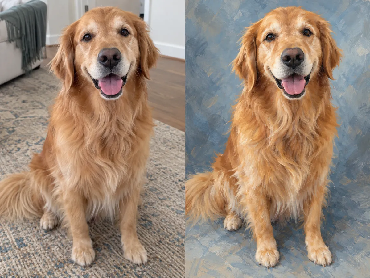 Golden retriever portrait: reference on the left and illustrative result on the right
