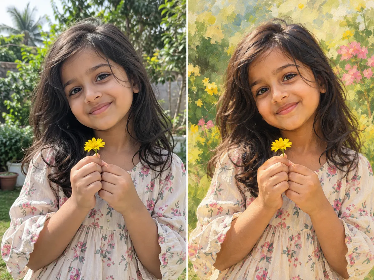 Garden portrait: reference on the left and illustrative result on the right