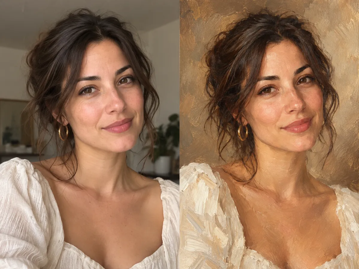 Portrait in warm oils: reference on the left and illustrative result on the right