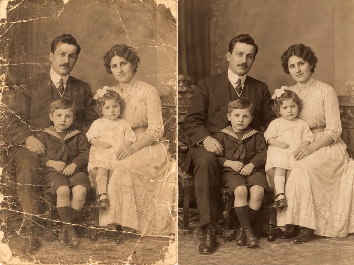 Family photograph restored: reference on the left and illustrative result on the right