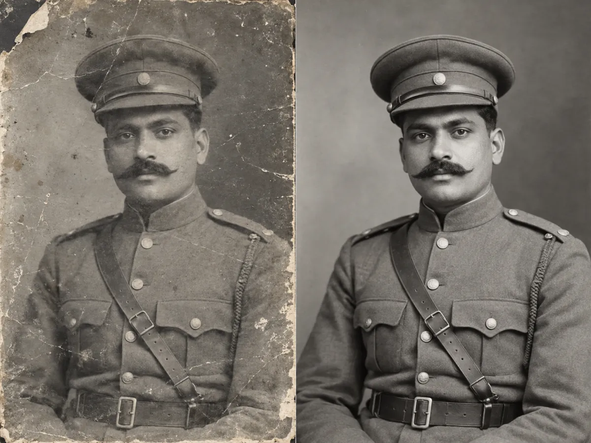 Military portrait restored: reference on the left and illustrative result on the right