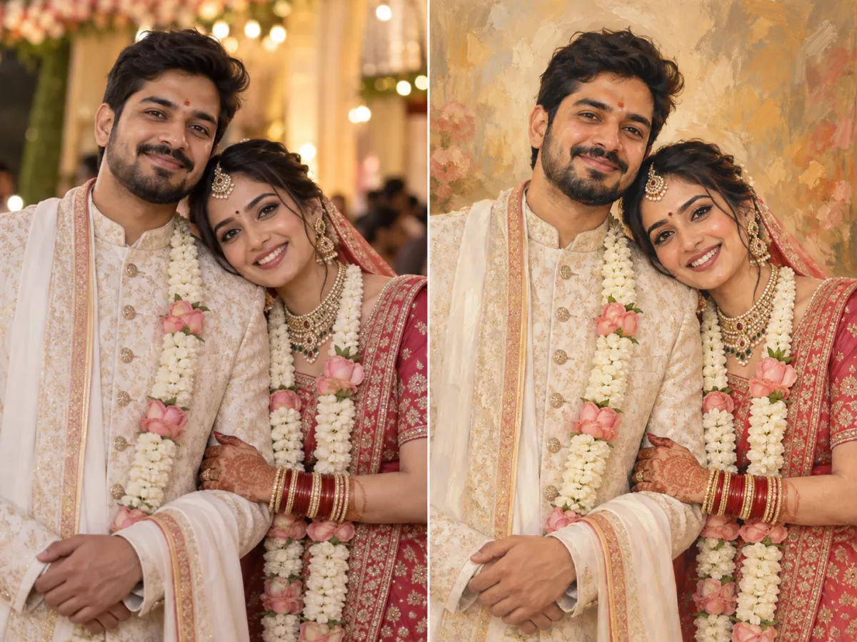 Wedding portrait: reference on the left and illustrative result on the right